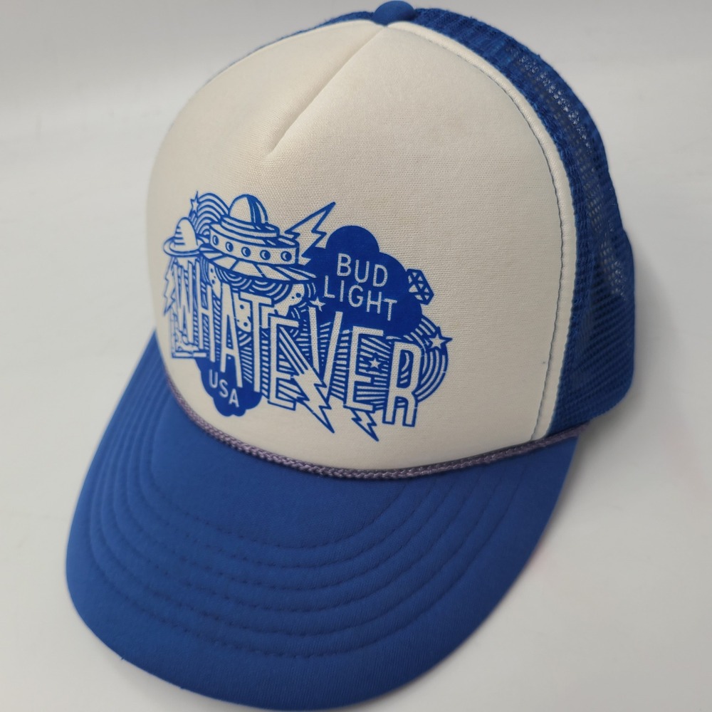 Vintage Bud Light Hat Snapback Trucker Mesh Blue White Whatever USA Beer Promo
